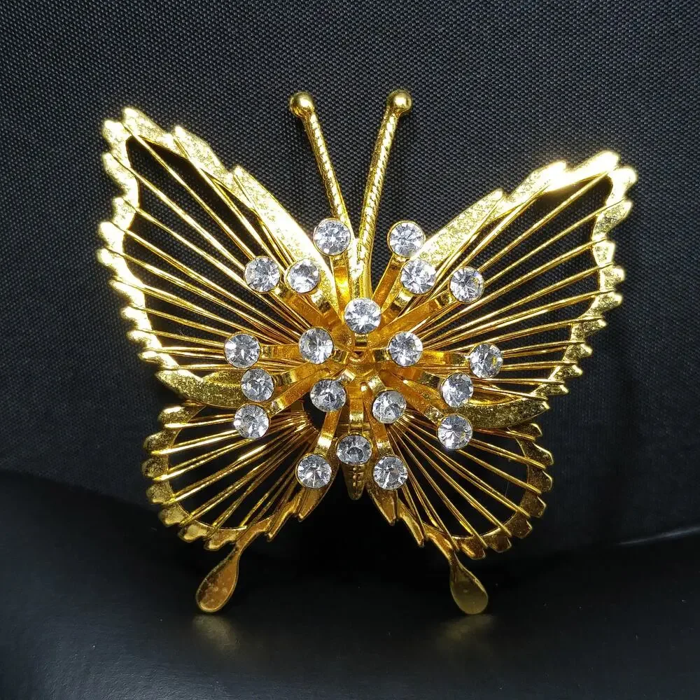 Vintage Monet Gold Tone Wire Butterfly Brooch, Clear Rhinestones Center